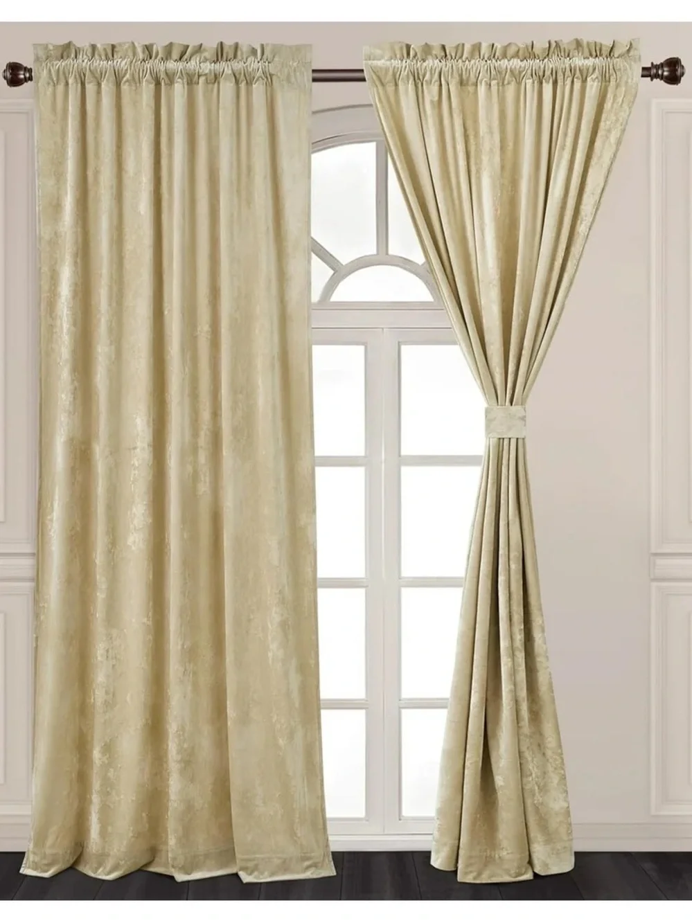 Luxe Velvet Rod-Pocket Curtain Panels in beige 100x96in